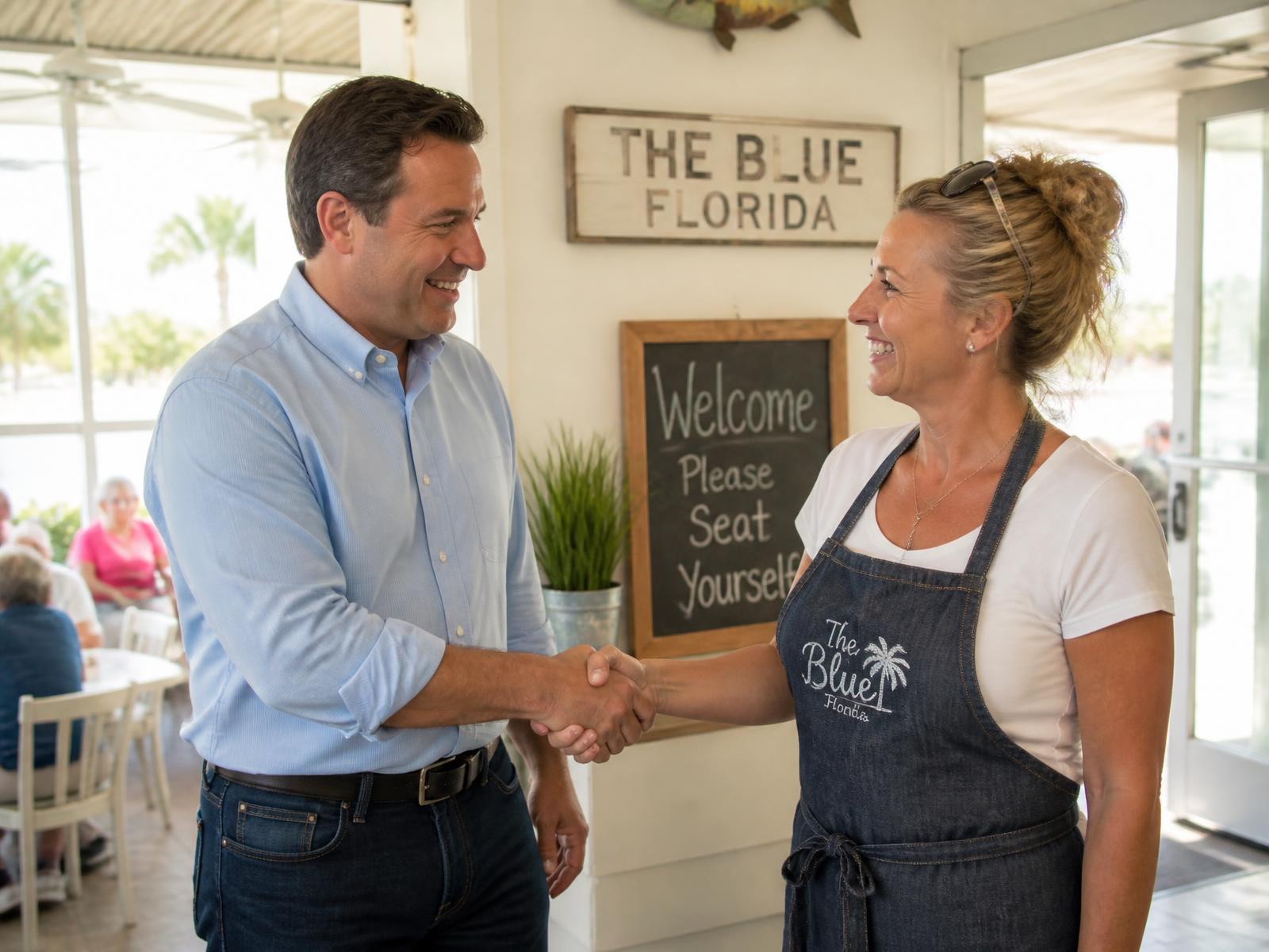 A local SEO consultant shaking hands with a Delray Beach restaurant owner inside her cafe